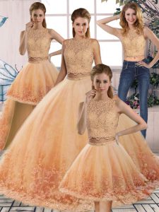 Colorful Gold and Peach Scalloped Backless Lace Quince Ball Gowns Sweep Train Sleeveless