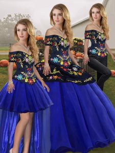 Comfortable Royal Blue Tulle Lace Up Quinceanera Dresses Sleeveless Floor Length Embroidery