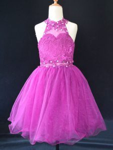  Halter Top Sleeveless Organza Kids Pageant Dress Beading and Lace Lace Up
