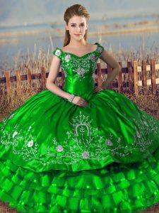 Cheap Off The Shoulder Sleeveless Satin Sweet 16 Dresses Embroidery and Ruffled Layers Lace Up