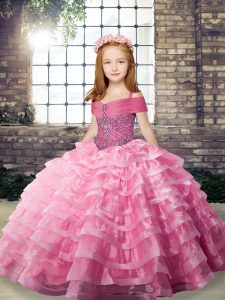 Fancy Rose Pink Girls Pageant Dresses Straps Sleeveless Brush Train Lace Up