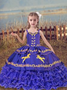 Excellent Blue Little Girl Pageant Gowns Wedding Party with Beading and Embroidery and Ruffled Layers Straps Sleeveless Lace Up