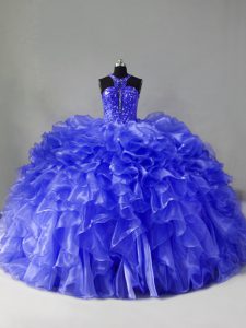 Adorable Halter Top Sleeveless Brush Train Zipper 15th Birthday Dress Blue Organza