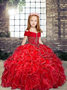 Unique Red Ball Gowns Organza Straps Sleeveless Beading and Ruffles Floor Length Lace Up Little Girls Pageant Gowns