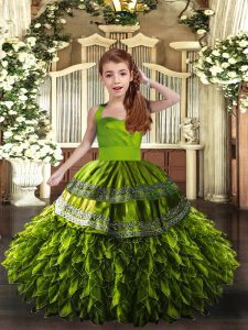  Olive Green Straps Lace Up Ruffles Kids Pageant Dress Sleeveless
