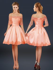  Peach A-line Off The Shoulder Half Sleeves Satin Mini Length Lace Up Lace and Appliques Prom Party Dress