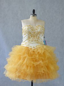  Yellow Tulle Lace Up Sweetheart Sleeveless Mini Length Evening Dress Beading and Ruffles