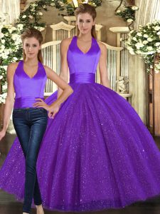 Fashion Purple Halter Top Lace Up Ruching Sweet 16 Dresses Sleeveless