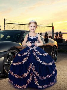 Hot Selling Straps Sleeveless Lace Up Girls Pageant Dresses Navy Blue Satin
