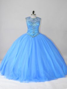 Graceful Floor Length Blue Sweet 16 Quinceanera Dress Scoop Sleeveless Lace Up