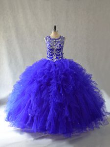 Cute Royal Blue Tulle Lace Up Vestidos de Quinceanera Sleeveless Floor Length Beading and Ruffles
