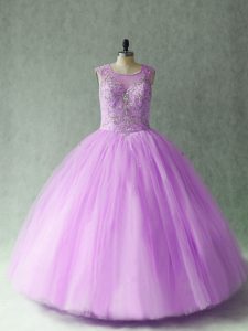  Lilac Tulle Lace Up Scoop Sleeveless Floor Length Quinceanera Gown Beading