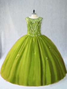  Olive Green Scoop Neckline Beading Ball Gown Prom Dress Sleeveless Lace Up