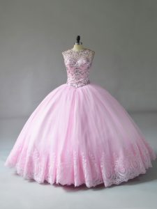  Scoop Sleeveless Lace Up Vestidos de Quinceanera Baby Pink Tulle