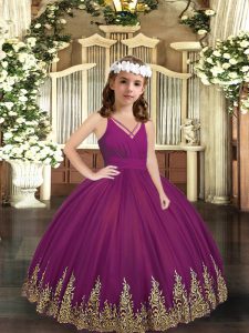 Inexpensive Tulle V-neck Sleeveless Zipper Embroidery Little Girls Pageant Dress Wholesale in Purple