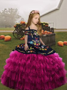 Attractive Fuchsia Sleeveless Embroidery and Ruffles Floor Length Kids Pageant Dress
