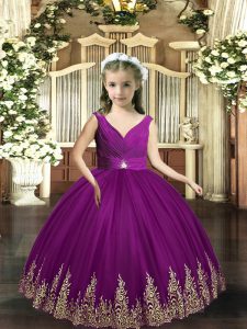  Sleeveless Tulle Floor Length Backless Girls Pageant Dresses in Eggplant Purple with Embroidery