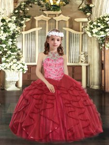  Sleeveless Lace Up Floor Length Beading and Ruffles Pageant Gowns For Girls