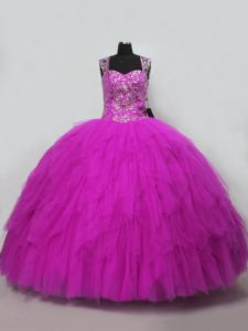 Fantastic Fuchsia Lace Up Sweet 16 Dress Beading and Ruffles Sleeveless Floor Length