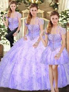 Sophisticated Lavender Tulle Lace Up 15 Quinceanera Dress Sleeveless Floor Length Beading and Appliques and Ruffles