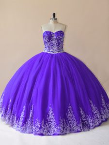  Purple Tulle Lace Up Quinceanera Dress Sleeveless Floor Length Embroidery