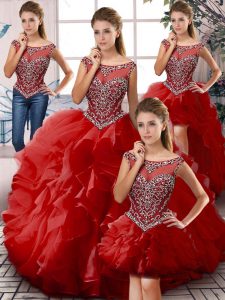 Trendy Beading and Ruffles Quinceanera Gowns Red Zipper Sleeveless Floor Length