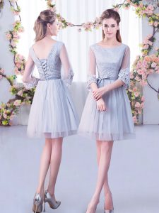  Grey Court Dresses for Sweet 16 Wedding Party with Lace Scoop Half Sleeves Lace Up