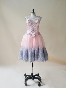 Best Sleeveless Tulle Mini Length Lace Up Prom Party Dress in Baby Pink with Beading and Appliques