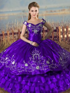 Pretty Purple Ball Gowns Off The Shoulder Sleeveless Satin and Organza Floor Length Lace Up Embroidery and Ruffled Layers Vestidos de Quinceanera