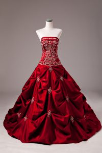Stunning Wine Red Sleeveless Brush Train Embroidery and Pick Ups Sweet 16 Quinceanera Dress