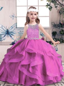 Sleeveless Floor Length Beading Lace Up Little Girls Pageant Dress Wholesale with Lilac