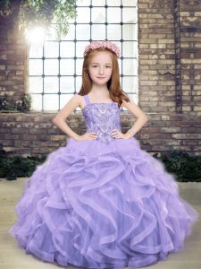  Lavender Girls Pageant Dresses Party and Military Ball and Wedding Party with Beading and Ruffles Straps Sleeveless Lace Up