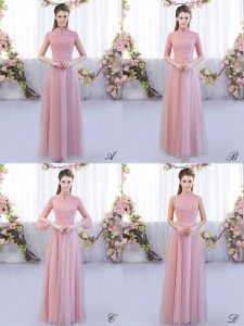 Floor Length Pink Quinceanera Court Dresses Tulle Cap Sleeves Lace