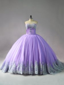 Fancy Sweetheart Sleeveless Court Train Lace Up Quinceanera Dress Lavender Tulle