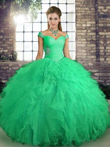  Turquoise Off The Shoulder Lace Up Beading and Ruffles Sweet 16 Dress Sleeveless