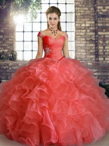  Watermelon Red Off The Shoulder Lace Up Beading and Ruffles Quinceanera Dress Sleeveless