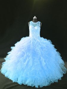 Chic Lace Up Ball Gown Prom Dress Blue and Light Blue for Sweet 16 and Quinceanera with Appliques and Ruffles
