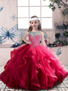 Gorgeous Coral Red Lace Up Scoop Beading and Ruffles Little Girl Pageant Gowns Tulle Sleeveless