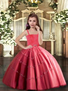 Fancy Beading Girls Pageant Dresses Coral Red Lace Up Sleeveless Floor Length