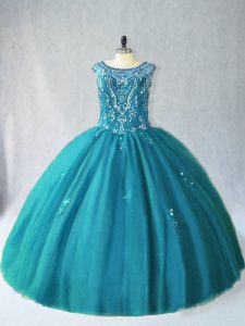  Teal Ball Gown Prom Dress Sweet 16 and Quinceanera with Beading Scoop Sleeveless Lace Up