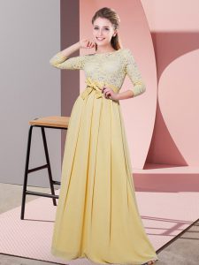 Custom Design Scoop 3 4 Length Sleeve Side Zipper Dama Dress for Quinceanera Gold Chiffon