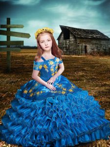Custom Design Short Sleeves Floor Length Embroidery and Ruffled Layers Lace Up Little Girls Pageant Dress Wholesale with Blue