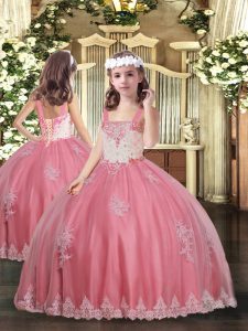 Inexpensive Watermelon Red Ball Gowns Tulle Straps Sleeveless Appliques Floor Length Lace Up Girls Pageant Dresses