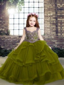  Beading and Ruffles Child Pageant Dress Olive Green Lace Up Sleeveless Floor Length