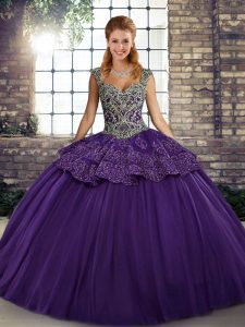 Beauteous Purple Sleeveless Floor Length Beading and Appliques Lace Up Quinceanera Dresses