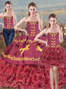  Sleeveless Embroidery and Ruffles Lace Up Quinceanera Dresses with Burgundy Brush Train
