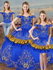 Inexpensive Sleeveless Satin Lace Up Ball Gown Prom Dress in Blue with Embroidery