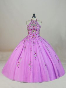  Lilac Tulle Lace Up Halter Top Sleeveless Quinceanera Gowns Brush Train Appliques and Embroidery