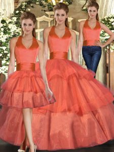  Ruffled Layers Quince Ball Gowns Orange Lace Up Sleeveless Floor Length