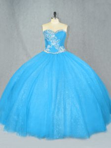 Delicate Tulle Sweetheart Sleeveless Lace Up Beading Quinceanera Gowns in Blue